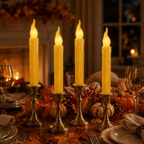 Image of Mustard Yellow Flameless Short Taper Candles, Real Wax Hand Dipped LED Battery Operated with Remote, Flickering Flame Lights for Party Home Decor, 6.7 Inch Primitive Flameless Candles, 2PCS
