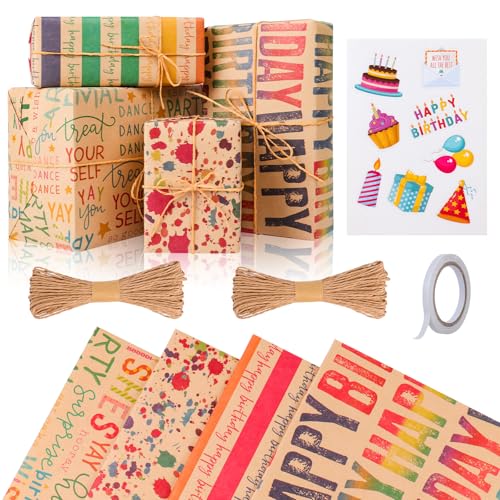 CHGANG 4 Sheets Wrapping Paper, 70x50cm Birthday Wrapping Paper,Recyclable Gift Wrap, Birthday Gift Wrapping Pape with Sticker for Women,Men,Female,Girl,Boy,Adult,Any Occasion