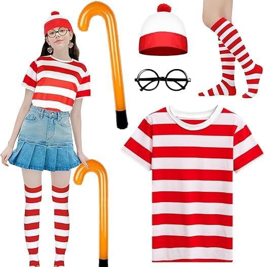 Wynlora 5PCS Womens Wally Costume Set 90s Fancy Dress Accessories Set with Red & White T-Shirt Bobble Hat Socks Frameless Glasses Inflatable Crutches Cosplay Outfit for World Book Day Halloween