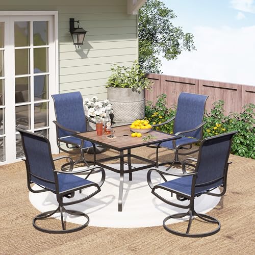 Image of PHI VILLA 5 Pcs Patio Dining Set for 4, Swivel Mesh Chairs, Blue | 4 textilene dining chairs. 37 inch PVC square table top w / umbrella hole, all weather E-coated metal frame for outdoor deck lawn