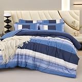 Picture of RYNGHIPY Navy Blue Comforter Set Queen Size: 8 Pieces Bedding Set Colorblock Stripe Lightweight Soft All Season Comforter Sets with Sheets Pillowcases (Queen,Navy)