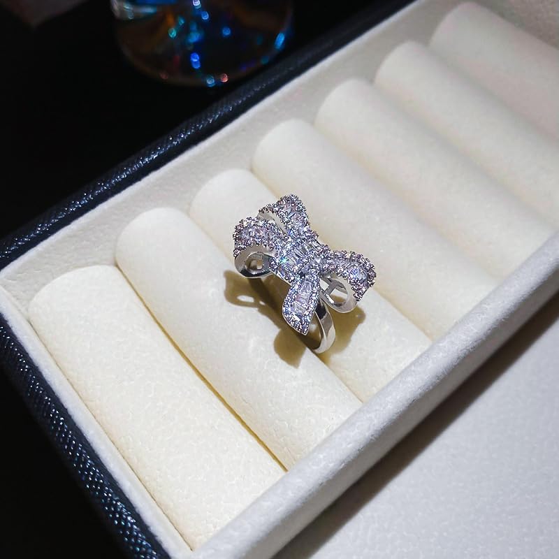 DATOA Sparkling Rhinestone Crystal Bow Ring for Women Silver Bowknot Open Statement Ring Trendy Wedding Cocktail Prom Party Jewelry - Image 2