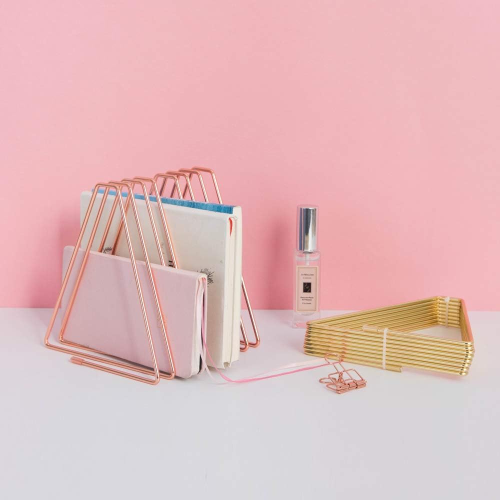 Files Folder Stand Desktop File Organizer,Triangle Copper Wire Book Shelf Magazine Rack, File Sorter Eye-catching Decoration for Indoor Office Home, Photography Props, Fashion (Rose Gold)