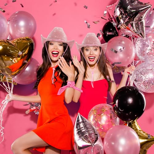Image of Coume 12 Pcs Sparkly Adults Cowboy Hat and Bandanas Women Men Western Glitter Cowgirl Party Hats with Adjustable Drawstring