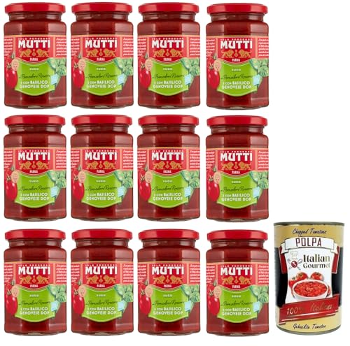 Mutti Sugo con Basilico, 12 salsas con tomate Rossoro y albahaca genovesa DOP, salsa italiana de tomate 280 g + lata italiana Gourmet Polpa di Pomodoro de 400 g