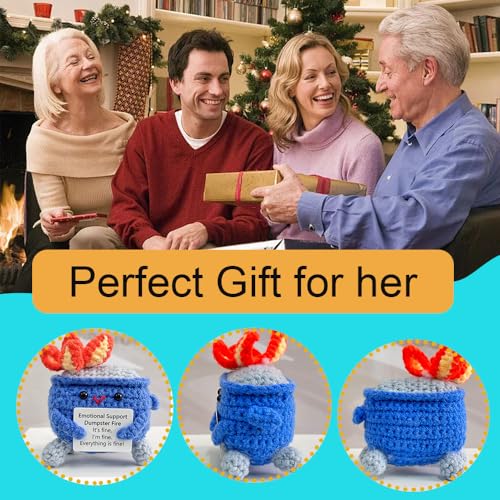 Emotional Support Crochet Dumpster Fire with Positive Card Cute Room Decor Knitted Toys Funny Crochet Support Buddies Gifts for Friends (Dark Blue) - Thumbnail 5