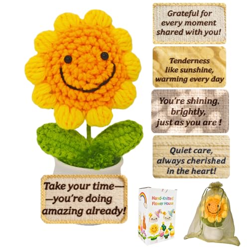 REV REEGE Crochet Sunflower Emotional Support Gift for Women Handmade Encouragement Gift with 5 Inspirational Message Cards Thinking of You Cheer Up Get Well Soon Friendship Desk Decor