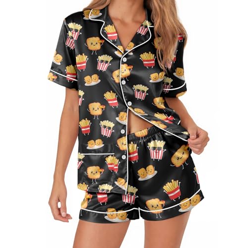 CENCORY Womens Soft Silky Satin Pajamas Set, Button Down Cooling Loungewear, for Mom Chicken Nugget