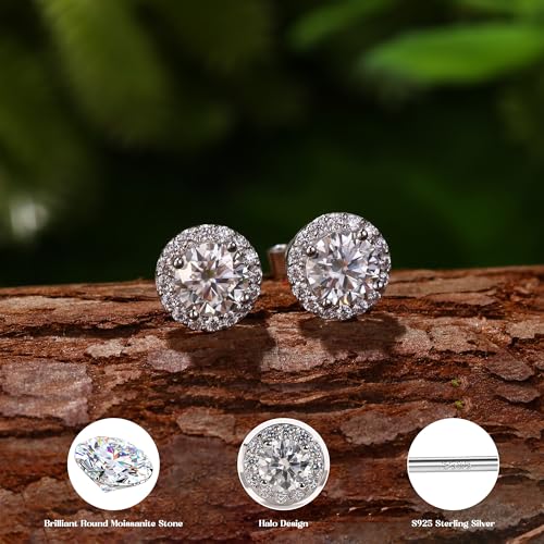 Moissanite Halo Earrings Studs : 18K Gold Plated Solid 925 Sterling Silver Stud Earring for Women Men Hypoallergenic Dainty Moissanite Jewelry for Sensitive Ear Round Cut D Color VVS1 1CT-4CT2