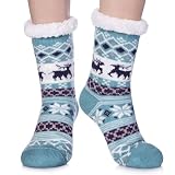 LINEMIN Womens Winter Slipper Socks With Grippers Cozy Warm Cute Fuzzy Slipper Socks (Green Christmas)
