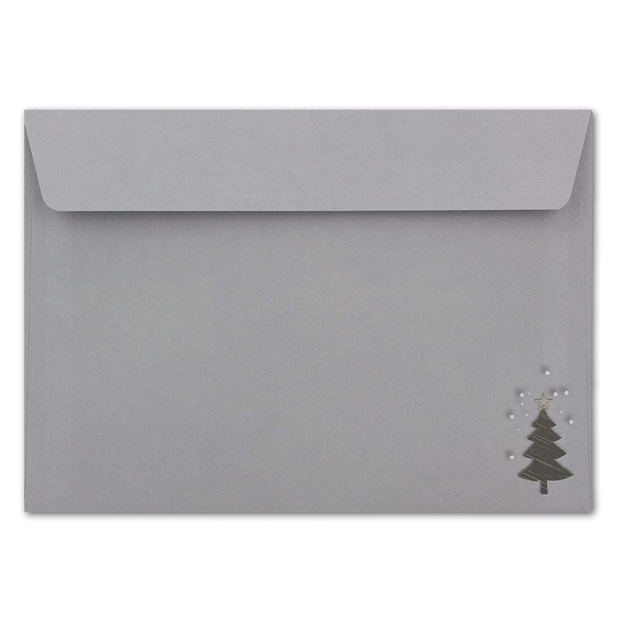 500 x koperty DIN C6 w kolorze szarym z choinkami o wyglądzie zarysowań – samoprzylepne z paskami do odrywania – 114 x 162 mm – 80 g/m² – koperty bożonarodzeniowe z motywem dla firm i prywatnych
