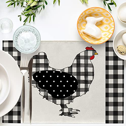 Seliem Farm Chicken Hen Animal Placemats Set Of 4, Black White Buffalo Check Plaid Farmhouse Chick Dining Table Place Mats, Spring Summer Country Rustic Kitchen Decor Home Decoration 12 X 18 Inch #TOP3