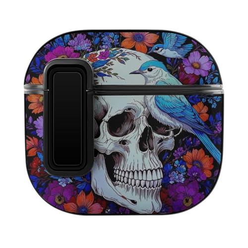 Resilient Shock Absorption Bluetooth Headsets Case Compatible with Apple Airpods 4, Full Protective Protective Case (Hippie Skull Florals Bird Art)