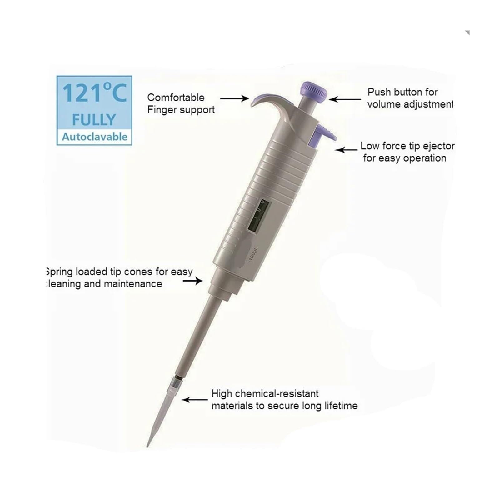 Pipeta Pipeta Monocanal Esterilizable En Autoclave para laboratorio(2-20ul)
