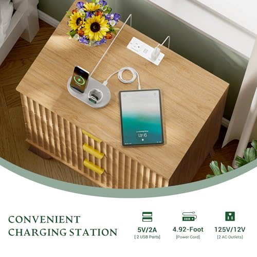 Image of Xixini Fluted Nightstand with Charging Station, Tall Bedside Table, Oak