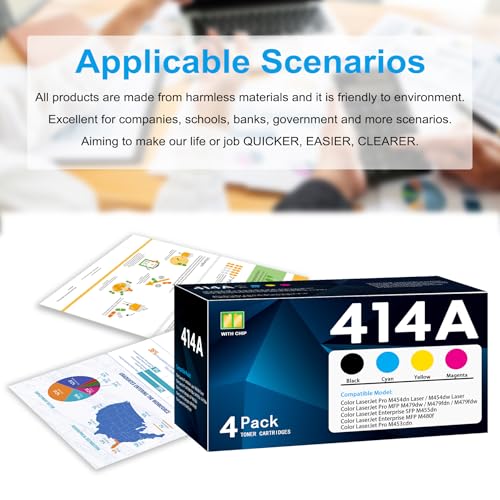 Image of 414A Toner Cartridges 4 Pack with Chip Replacement for 414A 414X Color Pro M454 M479 Series M454dn M454dw M479dw M479fdn M479fdw, Enterprise M455dn M480f M453cdn Printer (BK /C /M /Y)