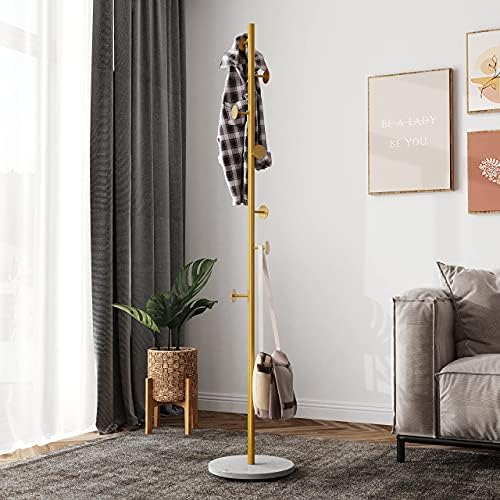 TIEOU Free-standing Coat Rack Gold, Hat Hanger Hall Tree, Metal Coat Hangers for Scarves, Backpacks, Purses, Simple Coat Stand, Stylish Coat Tree with Stable Round Marble Base, 8 Coat Hooks