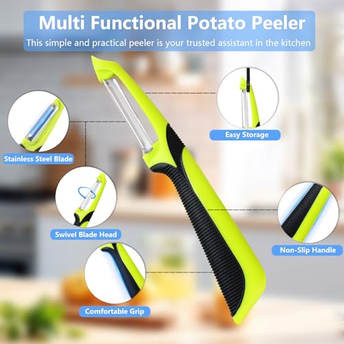 HORJOR I Shape Potato Peeler,Rotating Sharp Blade Non-Slip Handle Stainless Steel Peeler with Potato Eye Remover Dishwasher Safe, Green+Blue