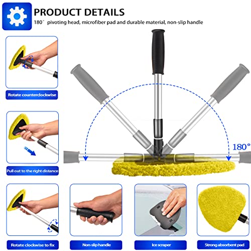 Manducary Extendable Longer Windshield Cleaning Tool, Stronger Absorbent Car Window Cleaner With 5 Pcs Washable Pads And 2 Pcs Spray Bottles, Multifunctional Use Windshield Cleaner Tool Kit #TOP3