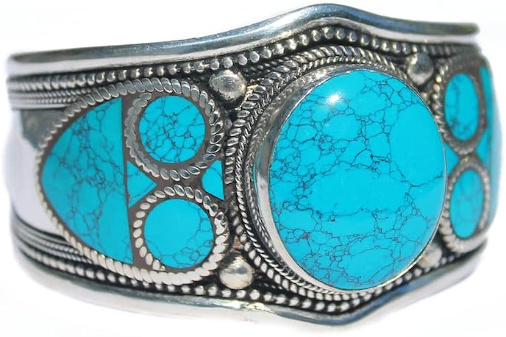 Boho Style Blue Stabilized-Turquoise Ornate Mosaic Adjustable Cuff Bracelet | Stainless Steel Jewelry From Nepal, Blue,Turquoise: Clothing, Shoes & Jewelry