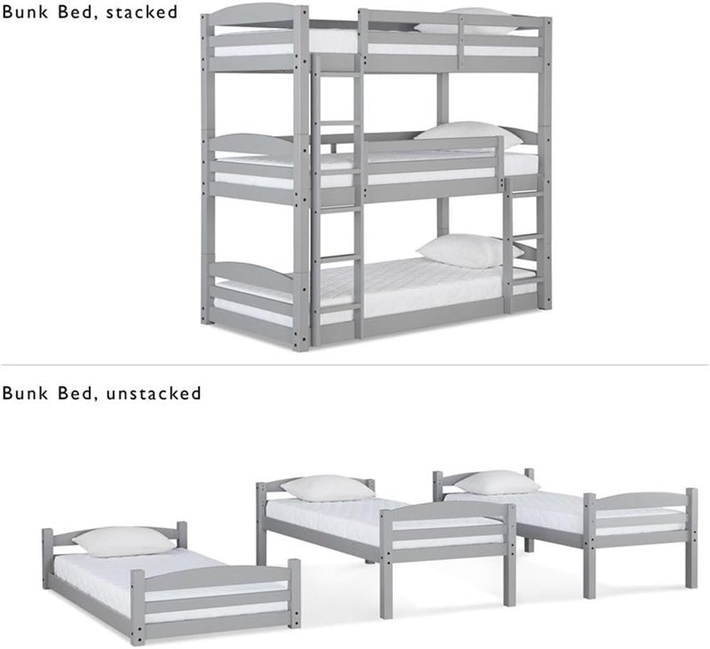BOWERY HILL Transitional Triple Wooden Bunk Bed, Gray Finish, 77.1" H x 43.5" W x 79.3" D, Solid Wood Construction, Space-Saving Floor Design, Converts to Bunk Bed, Daybed or Three Twin Beds