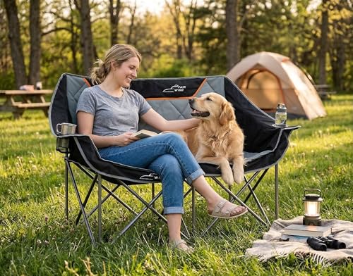 FAIR WIND Oversized Fully Padded Camping Chair Folding Loveseat Camping Couch Double Duo Chair Heavy Duty Quad Fold Arm Chair with Cup Hold - Supports 650 LBS Black - Image 3