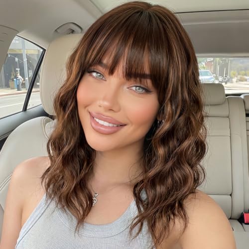 Image of AISI HAIR Wig with Bangs for Women Synthetic Heat Resistant Wigs (caramel highlight auburn)