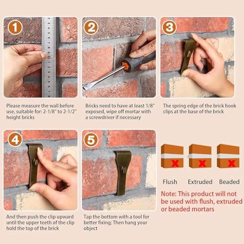 Image of Brick Hooks Clips, 8PCS Steel Brick Hangers Fits Standard Bricks 2 1 /4 Inch to 2 3 /8 Inch in Height Brick Wall Hangers Clamps for Wall Hanging Outdoor Indoor