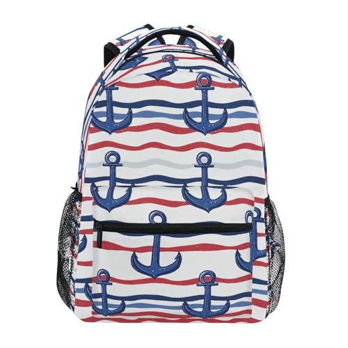 Blue Red Anchor Wave Backpack for School Boys Girls Adults Kids Bookbag Laptop Bag 15L