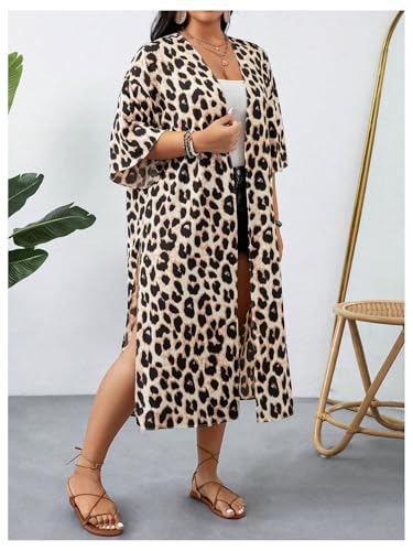OYOANGLE Women's Plus Size Beach Cover Ups Leopard Print Open Front Long Kimono Cardigan Swimwear4