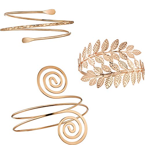 Hicarer 3 Pieces Upper Arm Bracelet Gold Metal Coil Swirl Leaf Armband Cuff Fashion Simple Arm Bangle Armlet Adjustable for Women Girls