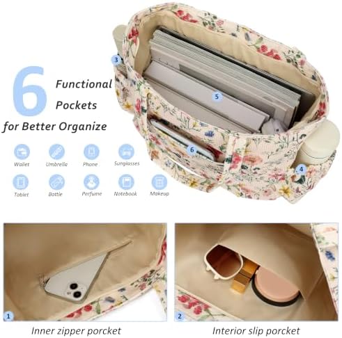 Bycobecy Corduroy Tote Bag for Women, Large Cute Work Tote Bags with Pockets, Lightweight Travel Teacher Bag for Work Gym Overnight (Flowers) — view 4