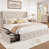 BRELTAM Queen Size Bed Frame with Storage Drawers and Wingback Headboard Linen Upholstered Platform Bed Frame Tufted Beds with Heavy Duty Wood Slats, Noise Free, Easy Assembly, Beige