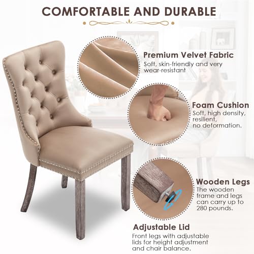 Image of Velvet Dining Chairs, Tufted Kitchen & Dining Room Chairs, Khaki, Set of 4