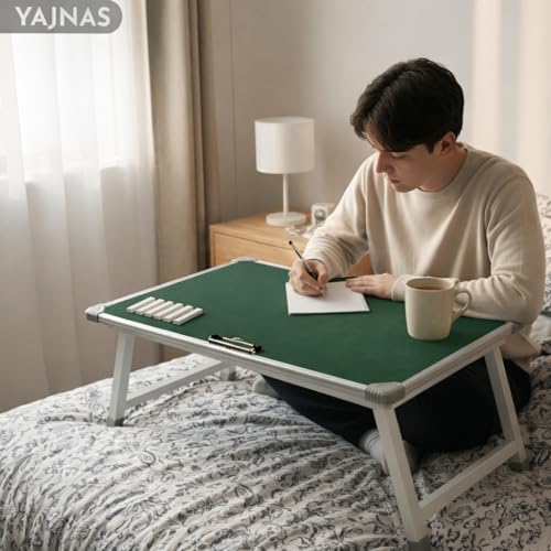 Image of YAJNAS Multipurpose Portable Green Chalkboard Study Laptop Table (15x26 Inch) | Height Adjustable Foldable Lap Desk & Bed Table for Kids, Home, Office, Online Classes & Learning | with Chalk & Duster
