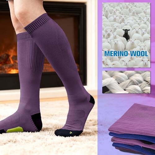 Image of Merino Wool Compression Knee High Running Socks 2 Pairs 15-20 mmHg Cushion Moisture Wicking Hiking Nurse Travel