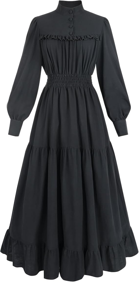 NSPSTT Victorian Dress for Women Long Sleeve Medieval Dresses Women's Victorian Vintage Cotton Long Sleeve Dress Renaissance Costume Witch Dresses, Black, L โ image 1