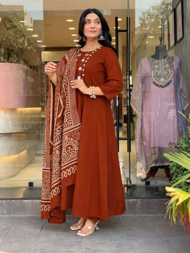 Image of ANNI Designer Kurta Set for Women Viscose Embroidered | A-Line Kurta Palazzo Dupatta Set for Woman | 3 /4 Sleeve Round Neck 3 Piece Ethnic Dress Stylish Coord Outfit Trendy Womens Clothing