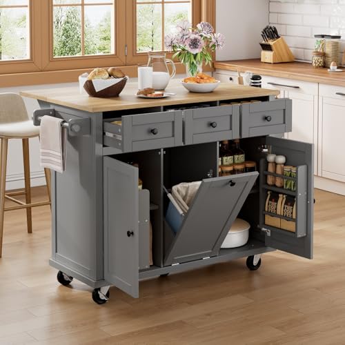 PUGSDRLY Desserte Cuisine,Îlot Central Cuisine avec Plan de Travail Pliable,Emplacement pour Poubelle,3 Tiroirs,étagères de Porte/à épices,pour...