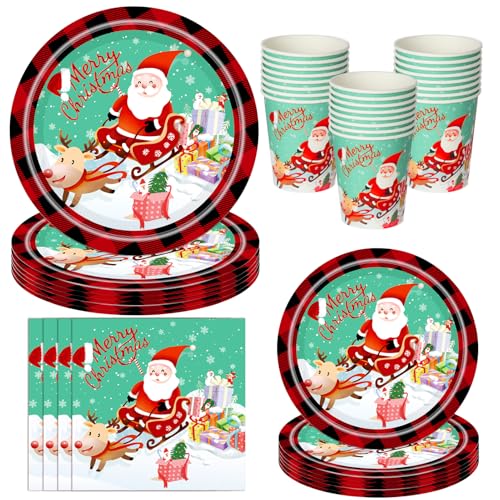 PYAILI Vaisselle Noël, 64 Assiettes en Carton, Vaisselle de Fête de Noël pour 16 Invités avec, Assiettes, Serviettes et Gobelets Pour Anniversaire, Mariage, Jubilé