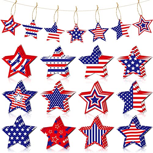 24Pcs Independence Day Hanging Ornaments Wooden Red White Blue Star Ornament with Ropes Patriotic US Flag Hanging Decorations Stars Shaped Crafts for 4th of July American Holiday Party Supplies