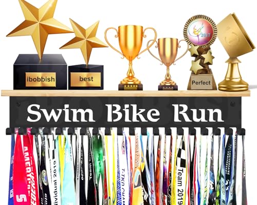 Swim Bike Run Trophy Shelf with Hooks for Medals - Metal Display Shelf for Wall Mount Ribbon Display, Trophy Shelves for Gymnastics, Soccer, Wrest,Running Race Medals Awards Rack,Gifts for Runners