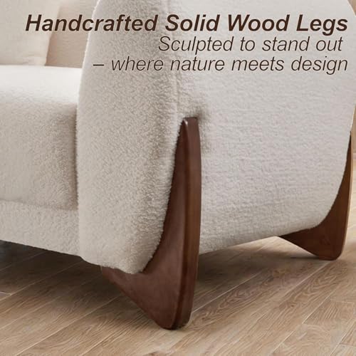 Image of 87 inch Sherpa Boucle 3 Seater Sofa Modern Cloud Couch with Solid Wood Legs, 25in Extra Deep Seat, Comfy Thick Cushion Upholstered Sofa Couches with 3 Pillows for Living Room, White