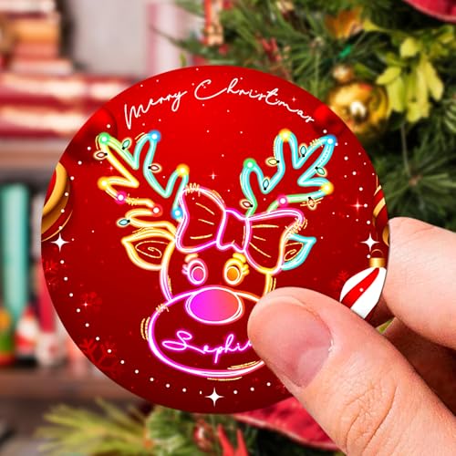 Image of Personalized Christmas Stickers - Custom Name Waterproof Christmas Gift Tags for Gift Box Xmas Holiday Decorations Party Favors - 30 Stickers (Neon Reindeer)