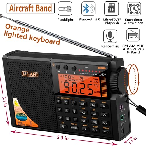 Image of Shortwave Radio AIR /VHF /AM /FM /Weather 6-Bands with Bluetooth /TF Card,4W Flashlight,Reading Lamp,Keyboard Backlight, Digital Recording, Alarm Clock,Powered by AA & LI Battery,Type-C /ANT Jack