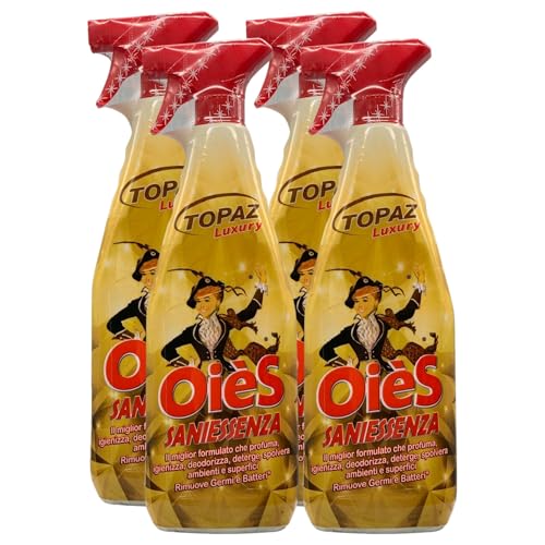 Detergente Spray Sanissenza, Il Miglior Formulato Che Profuma, Igienizza e Spolvera Ambienti e Superfici. Rimuove Germi e Batteri. Disponibile In Varie Profumazioni 750ml (4 Spray, TOPAZ Luxury)