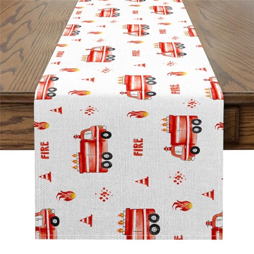 Feelyou Fire Truck Table Runner 48x13 Inch Car Home Kitchen Dining Decor Dresser Scarfs Firefighter Decorations Indoor Outdoor Party Supply Firemen Car Vehicle Home Decor for Living Room