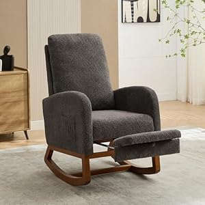 Nursery Rocking Chair with Foot Rest Upholstered Glider Chair with Two Side Pockets High Back Nursing Chair Rocker Accent Armchair for Bedroom Living Room Charcoal