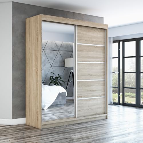 A&J MöbelLand Schwebetürenschrank GAPI Kleiderschrank 2-türig mit Spiegel, Garderobe 160 cm (Sonoma/Sonoma/Sonoma)
