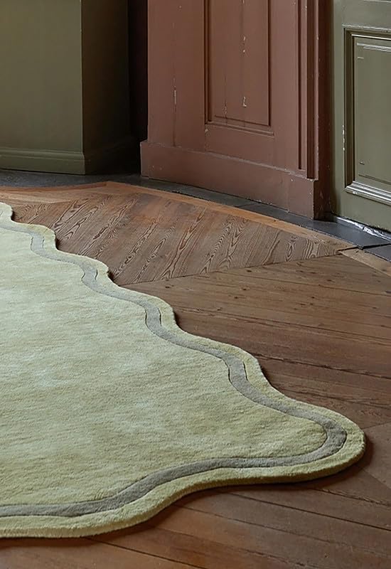 Image of Hand-Tufted Scalloped Wool Area Rug, Luxurious Lemon Yellow with Brown Accents, Perfect for Any Decor (7x7 Ft Square)